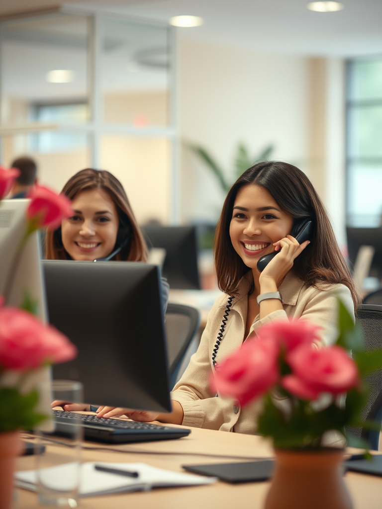 personnes souriantes répondant au téléphone dans une agence, ambiance naturelle avec des tons beige et roses